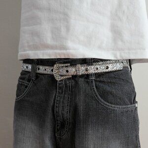 y2k white rhinestone western buckle glitter belt — 2000s glam rock style